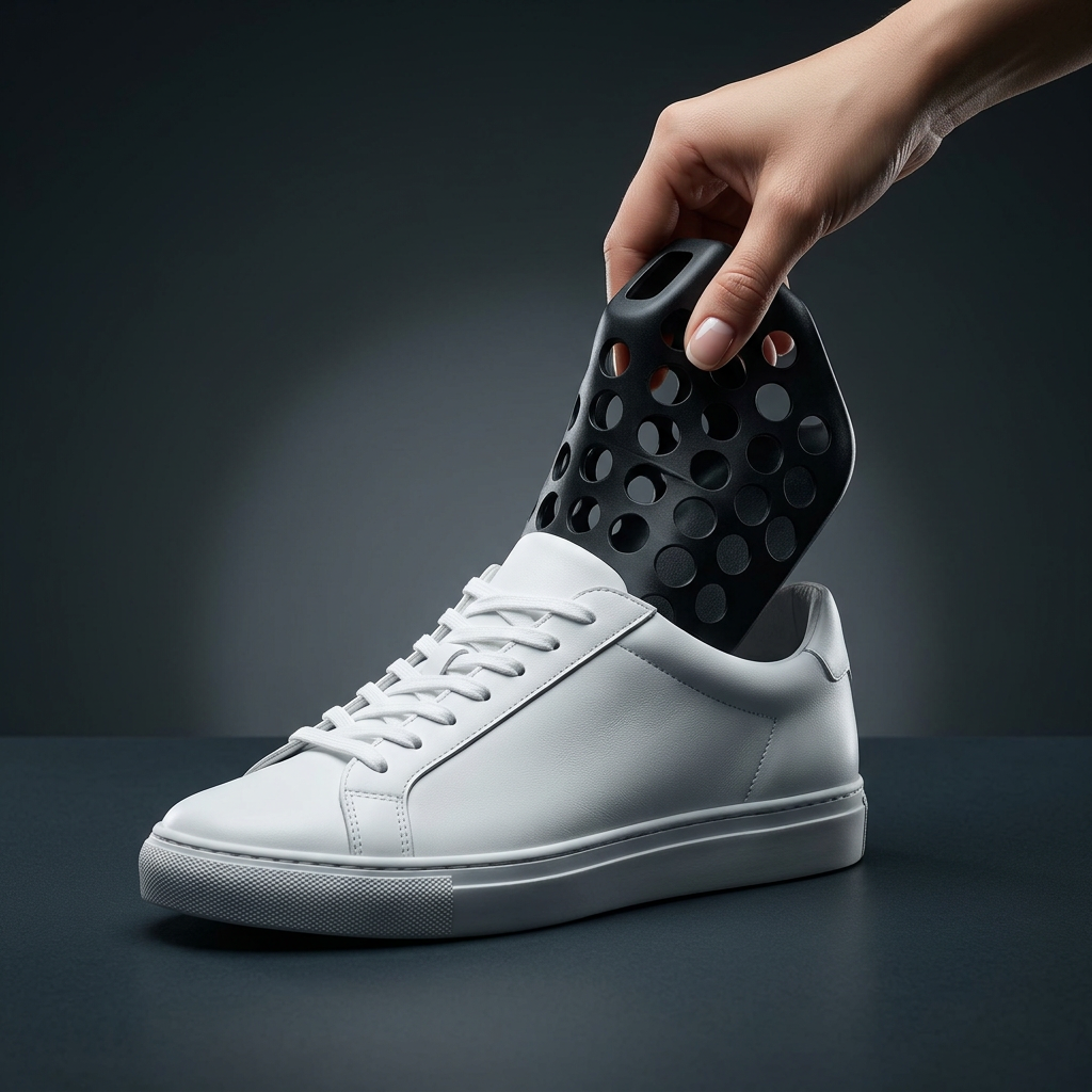Knickschutz wird in einen feuchten Sneaker eingesetzt