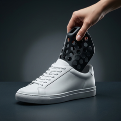 Knickschutz wird in einen feuchten Sneaker eingesetzt